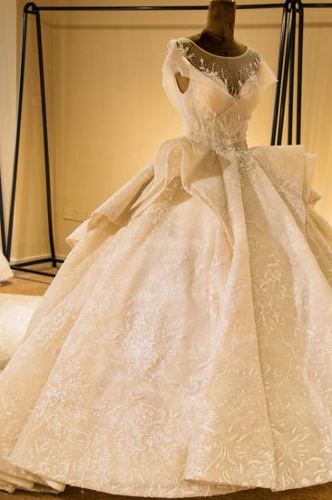 Elegant Illusion neck Cap Sleeve Appliques Tulle A-line Princess Wedding Dress_4