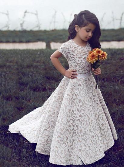 Cute Short Sleeves Princess Lace Flower Girl Dresses | White Little Girls Peagant Dress with  Ribbon for Summer Wedding_2