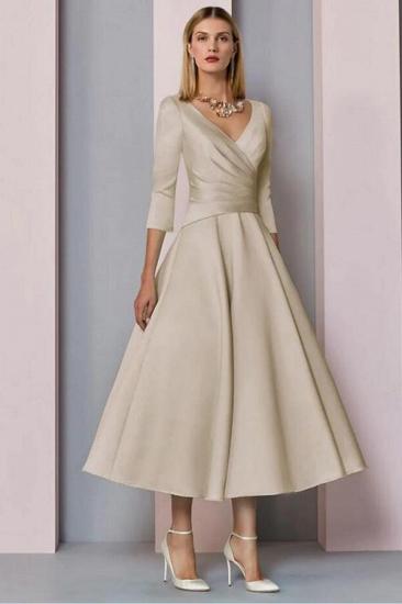 A-Line Mother of the Bride Dress Vintage Plus Size Tea Length Satin 3/4 Length Sleeve_1