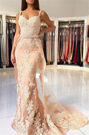 Alluring Elegant Lace Spaghetti Strap Sexy Mermaid Prom Dresses | Sleeveless Evening Dresses with Over-skirt