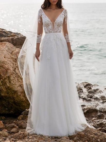 Beach Illusion A-Line Wedding Dress V-Neck Tulle 3/4 Length Sleeve Bridal Gowns Sweep Train