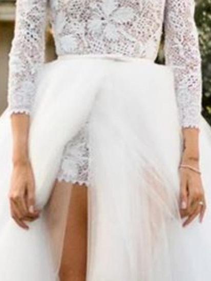 Sexy Jumpsuits Ball Gown Wedding Dresses High Neck Lace Tulle 3/4 Length Sleeve Bridal Gowns See-Through_3