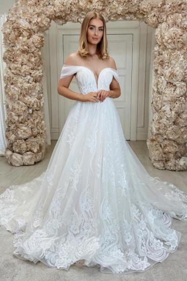 Romantic Off Shoulder White Tulle Lace Wedding Dress