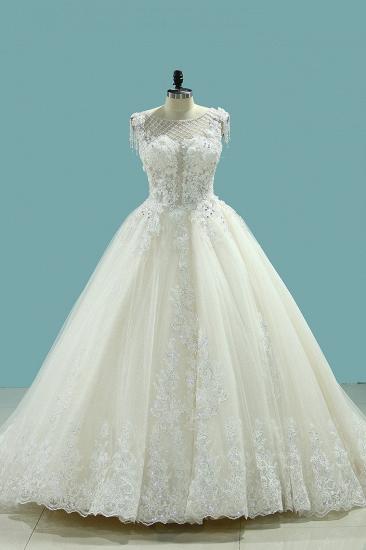 TsClothzone Gorgeous Ball Gown Jewel Champagne Tulle Wedding Dress Lace Appliques Beadings Bridal Gowns with Tassels_2