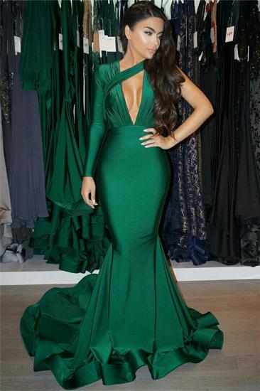 One Sleeve Deep V-neck Sexy Evening Dress | Dark Green Mermaid Prom Dress 2022 with Long Train