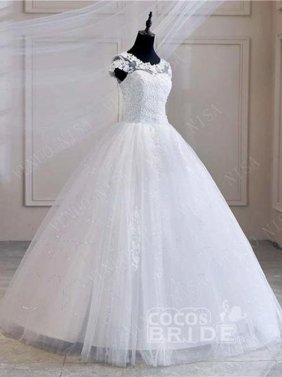 Short Sleeves Sweetheart Tulle White Lace Appliques Ball Gown Wedding Dresses_3