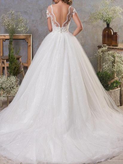Sexy A-Line Wedding Dresses Jewel Lace Tulle Short Sleeve Bridal Gowns Vintage See-Through Backless Court Train_2