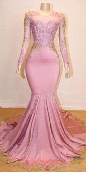 Pink Appliques Long Sleeves Prom Dresses | Gorgeous Mermaid Evening Gowns_3