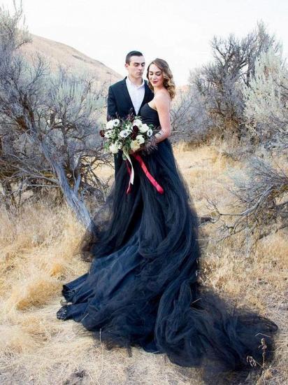 Strapless Boho Black Tulle Wedding Dress Aline Bridal Dress_2