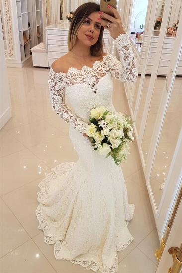 Sexy Off The Shoulder Mermaid Wedding Dresses 2022 | Long Sleeves Lace Bridal Dresses Cheap with Court Train