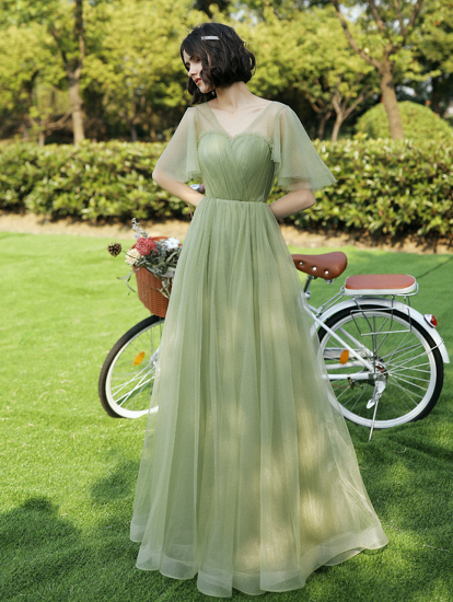 Light Green Tulle Cap Sleeve V Neck Floor Length A-Line Bridesmaid Dress_2