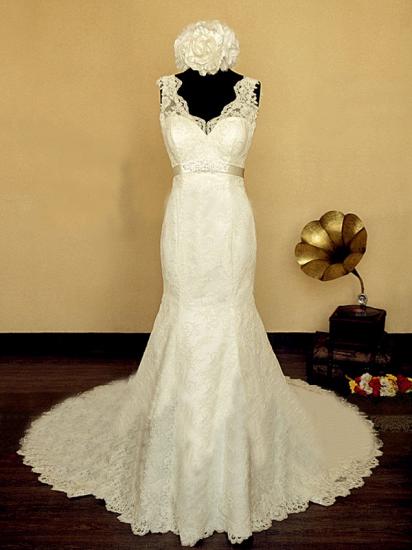 2022 Elegant V-neck Lace Wedding Dress Mermaid Long Train Bridal Gowns with Beading Sash_1