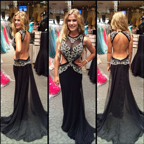 Sexy Black Halter Long Evening Dress Popular Sweep Train Backless Plus Size Special Occasion Dresses_2