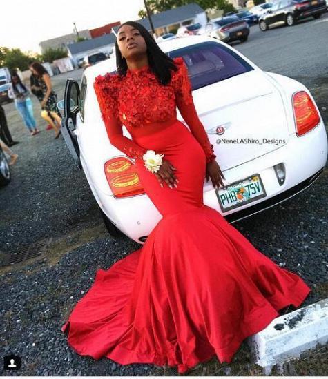 Mermaid Beading Appliques Red Prom Dress | Lace Long Sleeve Cheap Evening Gowns_2