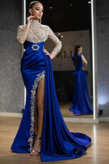 Luxurious Backless Royal Blue Satin Mermaid Evening Dress Long Sleeves Crystal Gold Applique Party Dress