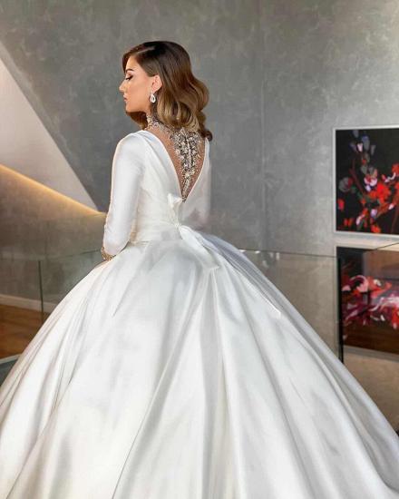Langarm weißes Ballkleid V-Ausschnitt Luxus Brautkleider Online_3