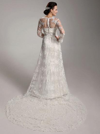 StylishSheath Wedding Dress Square Lace Satin Long Sleeve Bridal Gowns with Sweep Train_2