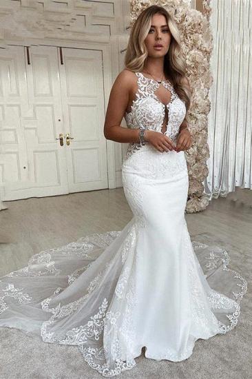Elegantes ärmelloses Hochzeitskleid mit V-Ausschnitt aus Spitze mit Applikationen｜Kirchen-Meerjungfrauen-Hochzeitskleid_1