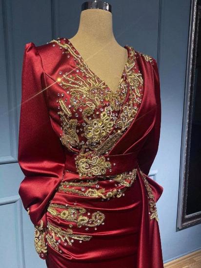 Elegantes langes rotes Abendkleid mit Ärmeln | Kristall-Abschlussballkleid mit V-Ausschnitt_3