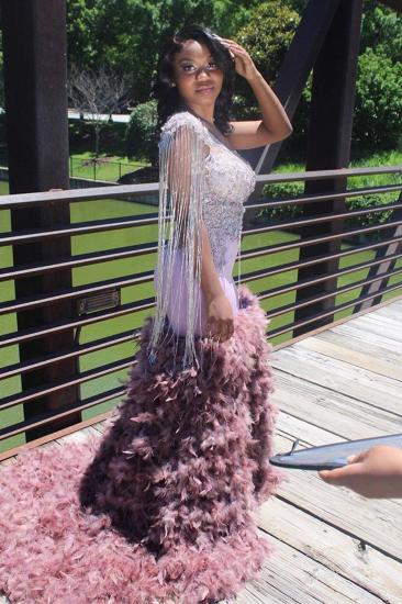 Sparkly Sleeveless Mermaid Prom Dress Glitter Feather Sweep Train