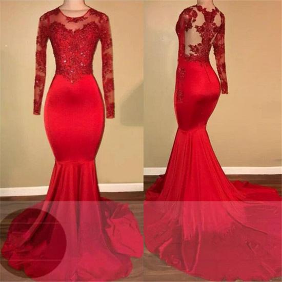 Long Sleeve Mermaid Lace Prom Dresses | Red Sheer Tulle Evening Gown_3