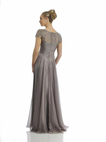Short Sleeve Grey Long Mother Dress A-Line Crystal Chiffon Evening Gowns_3