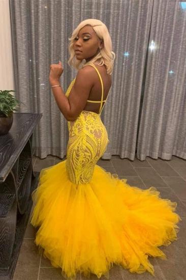 Yellow Mermaid Lace Puffy Tulle Open back Long Prom Dress_2