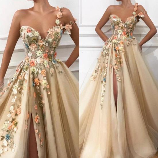 Gorgeous One Shoulder Long Split Prom Dress With Flowers Appliques_2