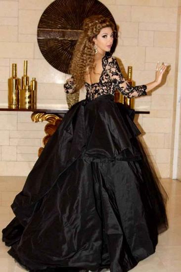 Black Sleeves Sexy Deep-V-Neck Tiered Open-Back Lace Prom Dress_2