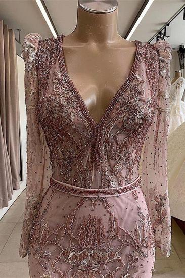 Gorgeous Mermaid Lace Beading V Neck Long Sleeves Prom Dresses | Evening Gowns With Beading Waistband_2