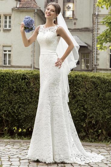 Noble Lace Sheath Bridal Dress Sweep Train Wedding Dress with Ribbon Bowknot_1