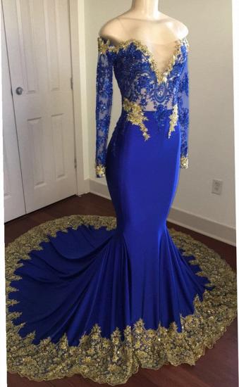 Off The Shoulder Royal Blue Prom Dresses | Gold Lace Appliques Sexy Evening Dress with Sleeve