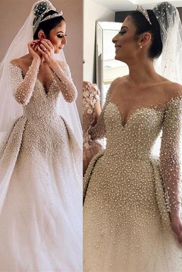 Elegant Long Sleeves Sweetheart Bridal Gown | Pearls Overskirt Wedding Dress