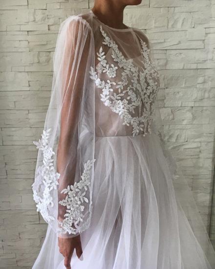 Chic See Through Tulle Lace Appliques Evening Gowns | Stylish Bubble Sleeves Long Prom Dresses_3
