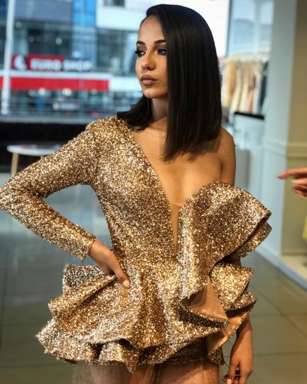One Sleeve Gold Sequins Prom Dresses Cheap 2022 | Sheer Tulle Appliques Sexy Evening Gowns_4