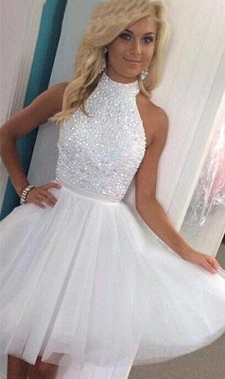 White Crystal High Collar Short Homecoming Dresses Tulle Sleeveless Mini Cocktail Gowns_2