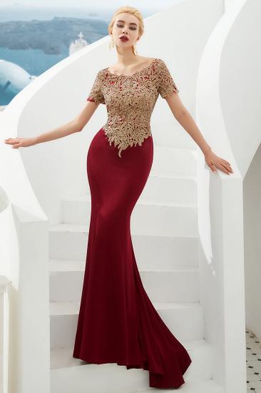 Hilary | Custom Made Short sleeves Burgundy Mermaid Prom Dress with Gold Lace Appliques_6