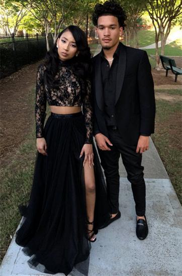 Two Piece Long Sleeve Evening Gown Black Sexy Slit Lace Prom Dress_2