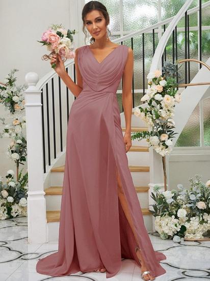 Long V-Neck Evening Dress | Pleated Split Chiffon Prom Dress Simple_44