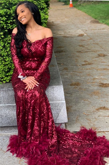 Off The Shoulder Burgundy Prom Dresses with Feather | Long Sleeve Sparkle Lace Mermaid Evening Gowns_2