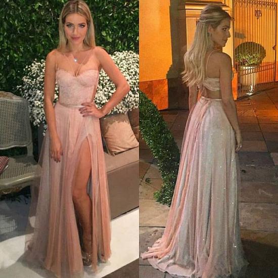 Pink Spaghetti Straps Tulle Backless Side Split Prom Dresses Lace Sexy 2022 Party Dress_2