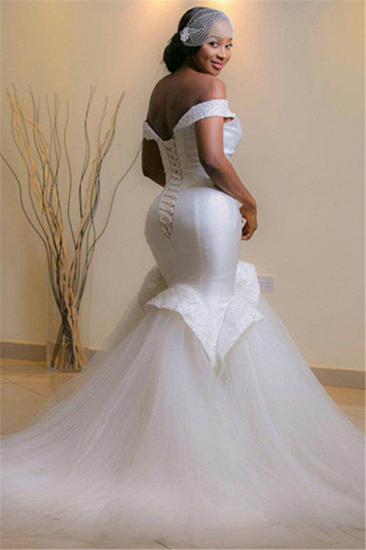 Tulle Mermaid White Glamorous Beads Sweep-Train Lace-up Off-the-shoulder Wedding Dress_2