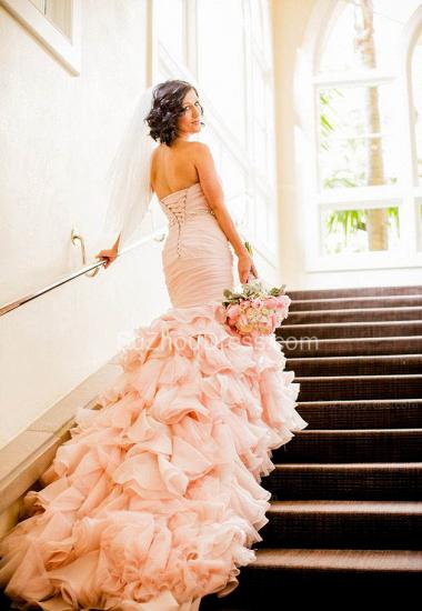 Sexy Mermaid Sweetheart Wedding Dresses Pink Crystal Lace-Up Lovely Ruffles Bridal Gowns_3