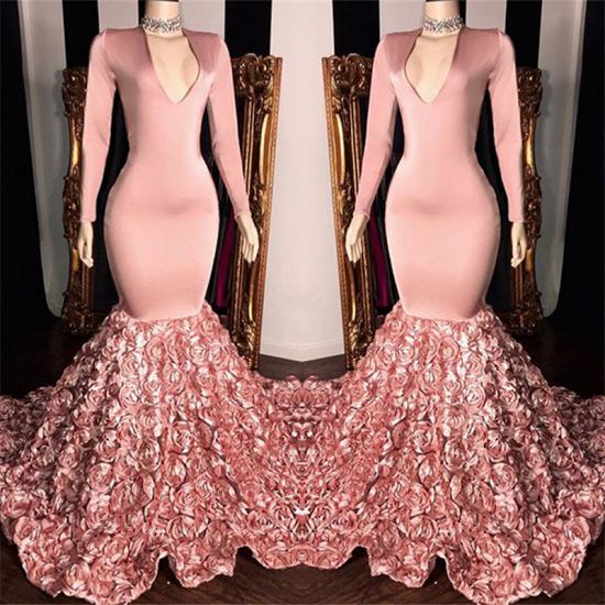 V-Ausschnitt Langarm Rosa Blumen Ballkleider auf Schaufensterpuppen | Günstige Meerjungfrau Abendkleider 2022_3