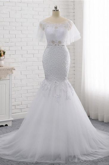 TsClothzone Elegantes Juwel Ärmelloses weißes Tüll-Hochzeitskleid Meerjungfrau-Spitze-Perlen-Brautkleider im Angebot