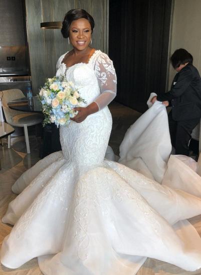Luxury Mermaid Lace Wedding Dresses | Chapel Train Long Sleeves Appliques Bridal Gowms