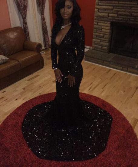 Sparkly Black Sequins Long-Sleeves Deep-V-Neck Alluring Prom Dresses_2