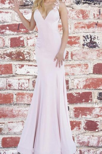 Sexy V-Neck Mermaid Evening Dress with Floral Sweep Train Spaghetti Straps Prom Maxi Gown_2
