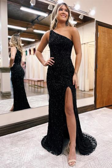 Elegant Black Asymmetrical One Shoulder A-line Prom Dress with Sequins_1