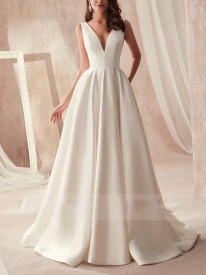Elegant A-Line Wedding Dress V-Neck Satin Sleeveless Bridal Gowns Formal Sweep Train